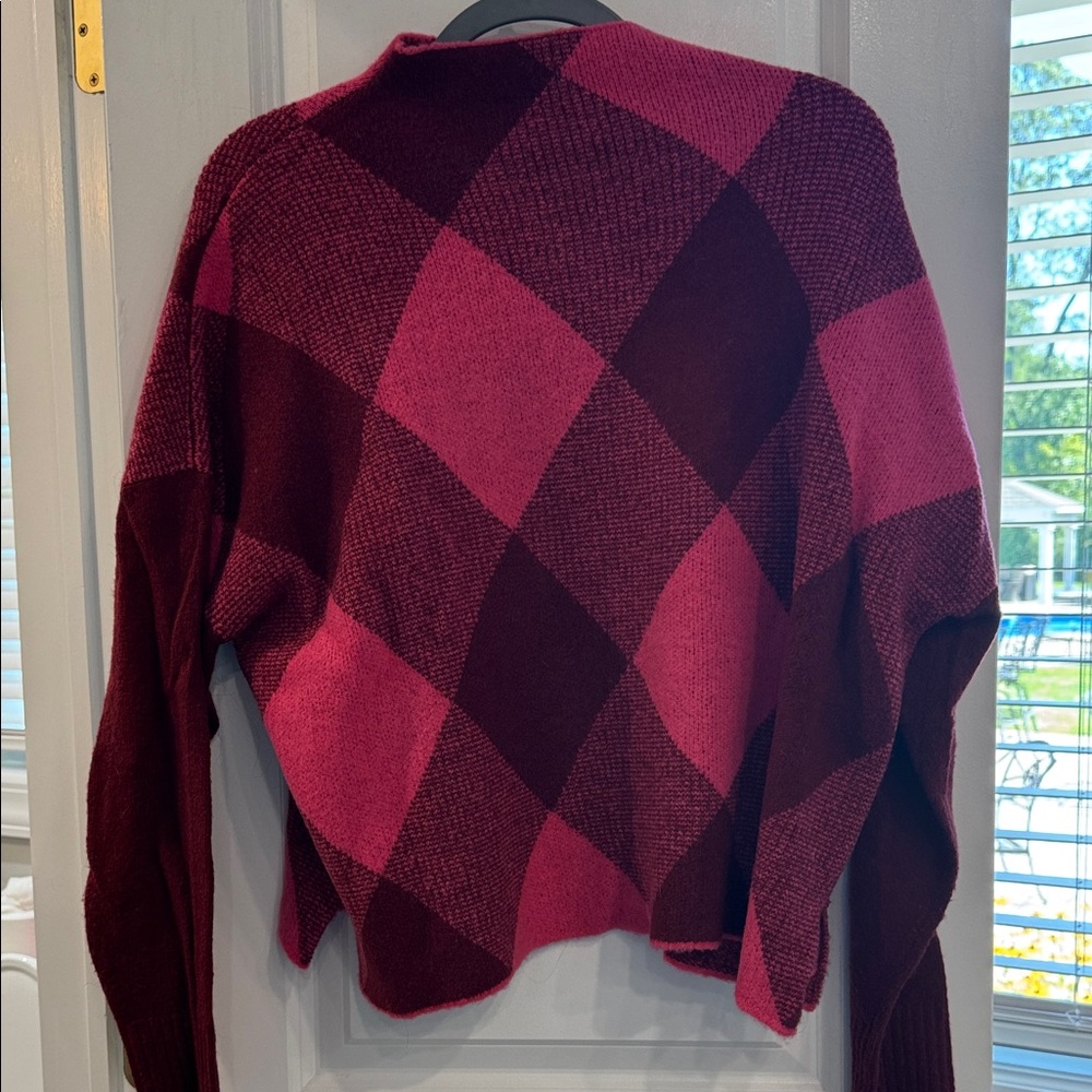 Central Park West Pink and Burgundy Checkered Crewneck Sweater